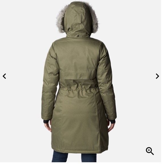 Columbia Women’s Apres Arson Winter Long Down Jacket. Color: Stone Green - Picture 2 of 6